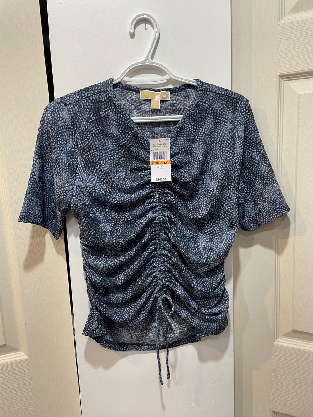 New Michael Kors Navy Ruched Short-Sleeve Top size small
